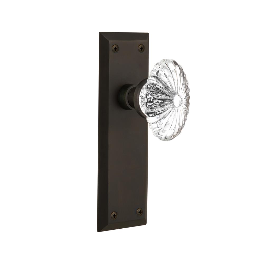 Nostalgic Warehouse NYKOFC Privacy Knob New York Plate with Oval Fluted Crystal Knob without Keyhole in Oil Rubbed Bronze
